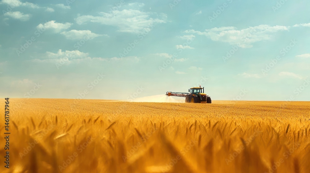 Naklejka premium Tractor spraying pesticide in a golden wheat field under a partly cloudy sky.