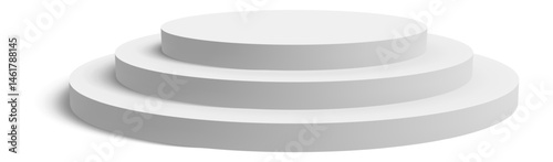 Three tiered round white podium casting a shadow on a white background, ideal for product presentations, awards ceremonies, or other displays