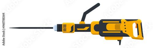 Professional electric demolition jackhammer with black and yellow handle isolated on white background representing construction, renovation, power, and destruction