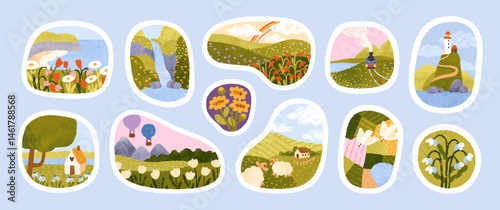 Cute nature landscapes set. Summer season, outdoor scenes in organic frames. Grass field, flower meadow, lighthouse, hills, countryside cottage, cozy rural sceneries. Flat vector illustrations