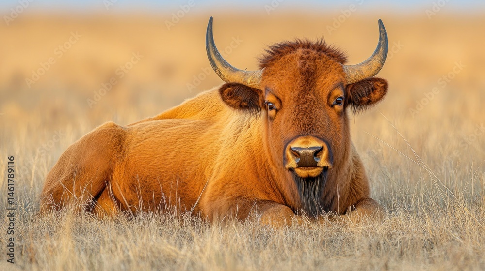 Red ox resting in golden steppe grassland Red ox resting in golden steppe grassland