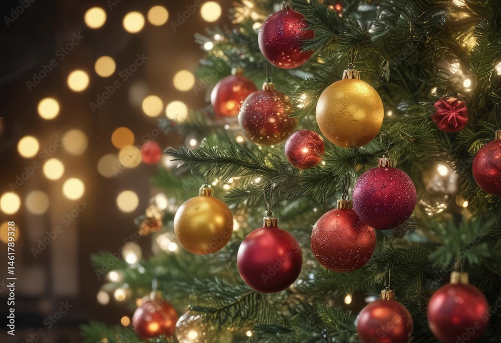 Fototapeta premium Vibrant baubles adorn a Christmas tree, glowing amidst soft bokeh lights , blurred lights, christmas tree