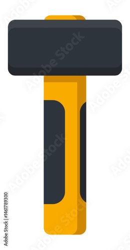 Sledgehammer with a fiberglass handle striking a surface, executing demolition work with powerful impact. Heavy duty tool designed for breaking and damaging structures effectively