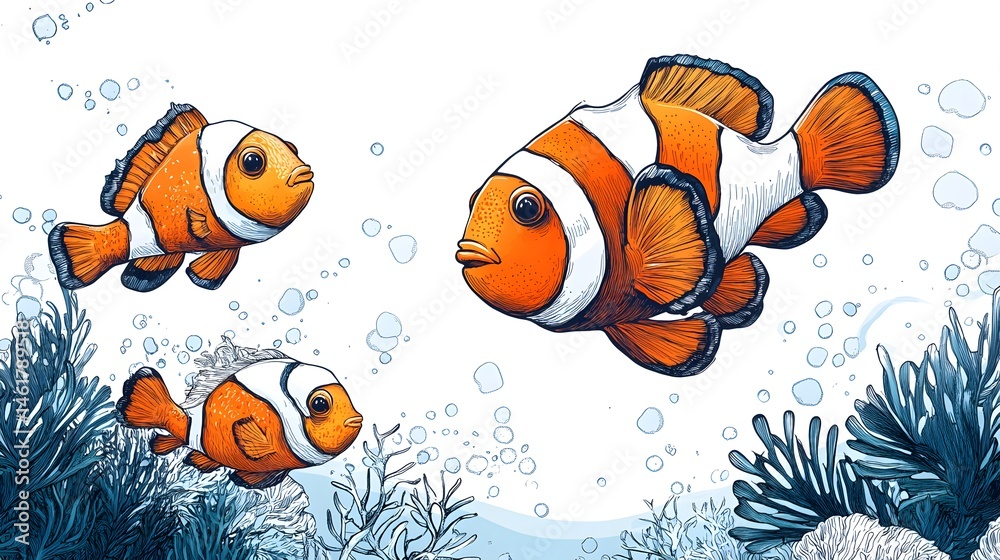 Fototapeta premium Three clownfish in an underwater scene, vibrantly colored and detailed.