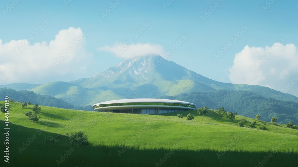 Fototapeta premium Modern circular building in lush green landscape with majestic mountain background
