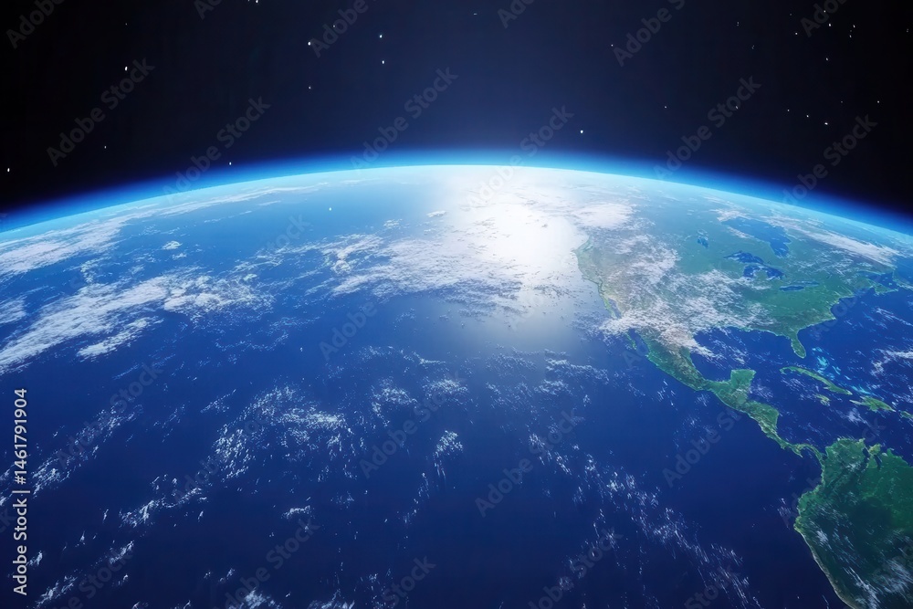 Fototapeta premium Earth View from Space with Clouds and Sunlight over the Ocean and Continents Realistic 3D Render