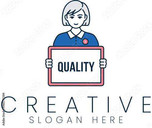Woman Holding Quality Sign Modern Creative Logo Design Illustration top art icon flat cute best pink