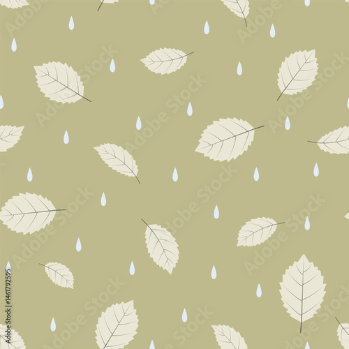 Falling leaves and raindrops on a yellow-green background. Seamless pattern under clipping mask, convenient for editing. Vegetable background for paper, cover, textile, wallpapers.