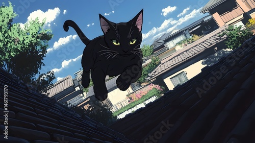 Cat Noir racing a shadow across the rooftops in anime style