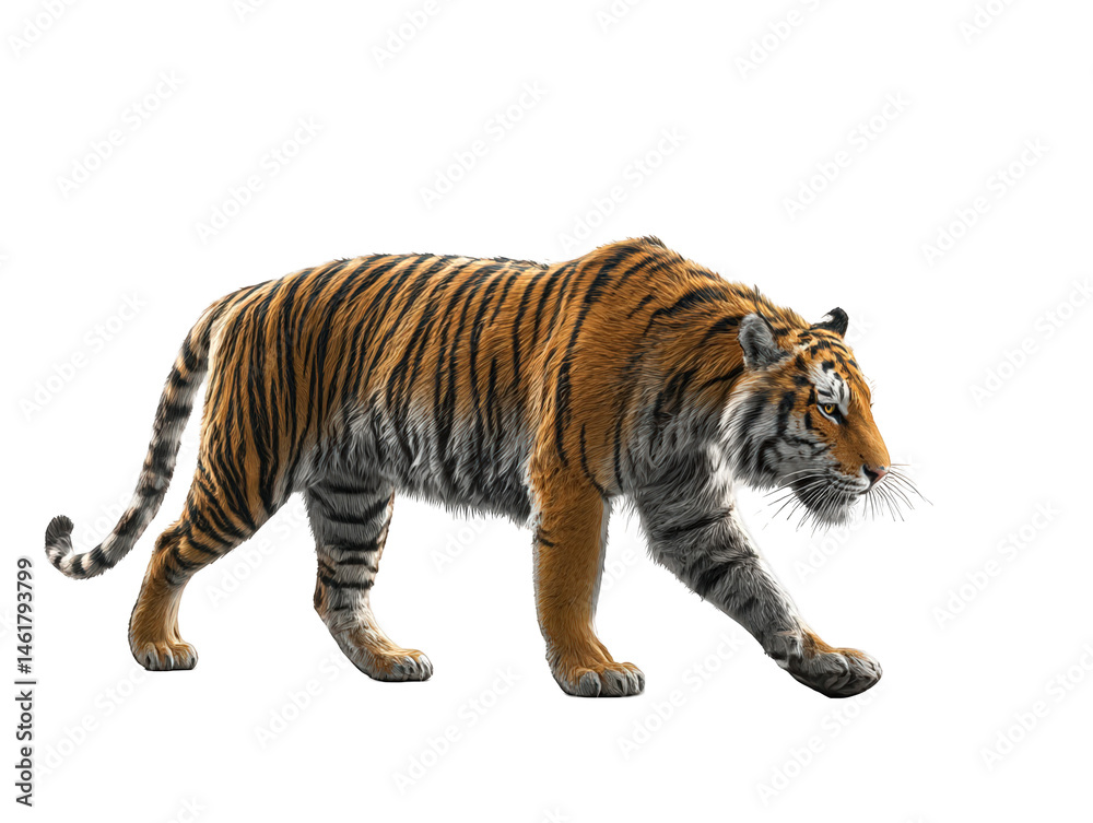 Obraz premium Majestic bengal tiger walking on 3d cat fur on transparent background