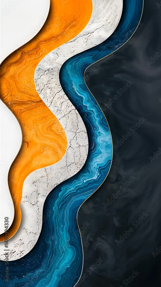 Abstract layered wave art, flowing colors, orange, blue, grey, gold accents, textured