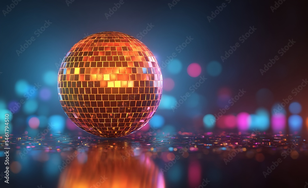 Obraz premium Golden Disco Ball on Reflective Surface with Colorful Bokeh Lights