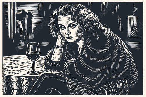 Retro linocut vector: Elegant woman in fur coat, thoughtfully sits with red wine. Pensive, vintage noir mood. Monochrome art, nostalgic atmosphere.