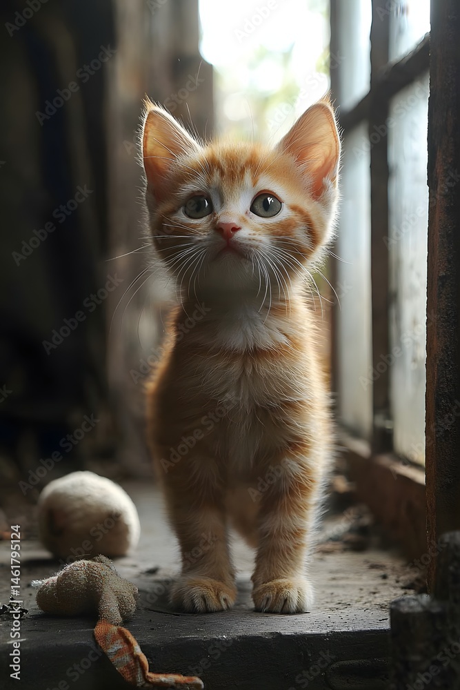 Obraz premium Ginger Kitten by Window: A curious ginger kitten with bright green eyes gazes intently out of an old window, its fluffy fur highlighted by the soft light filtering through the glass.