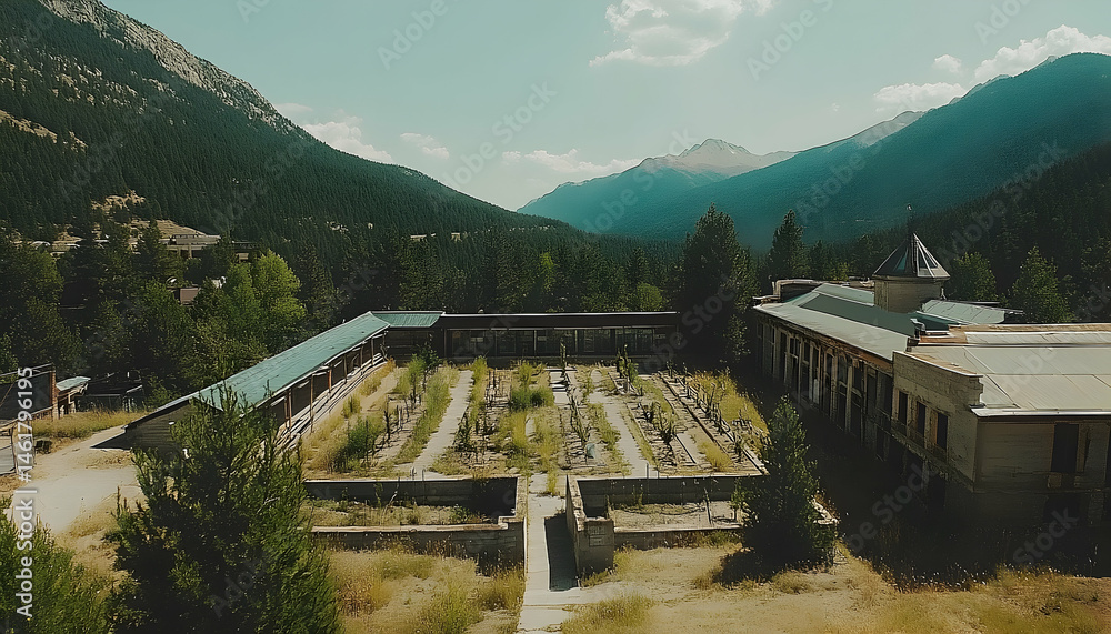 Fototapeta premium Abandoned mountain valley building complex