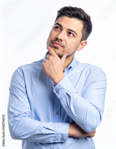 man thinking by putting her finger on her cheek with white background