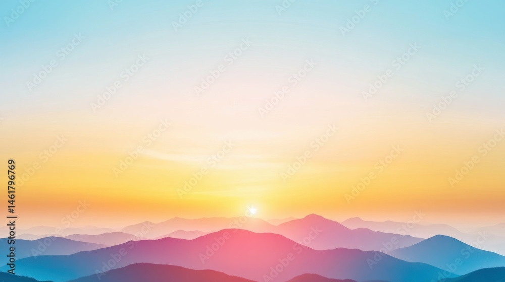 Fototapeta premium Serene mountain landscape with colorful sunrise and misty horizons