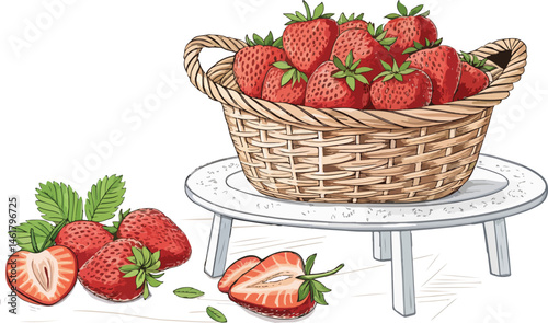 Strawberries in basket on table in white background, Strawberry illustration vector design