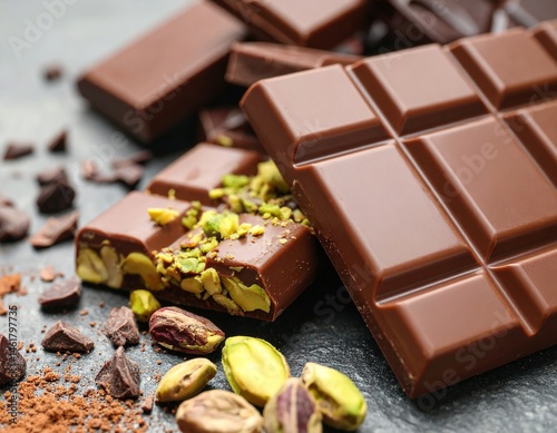 Close-Up of Rich Brown Chocolate Bars with Pistachio Nuts and Cocoa Ingredients on Black Surface