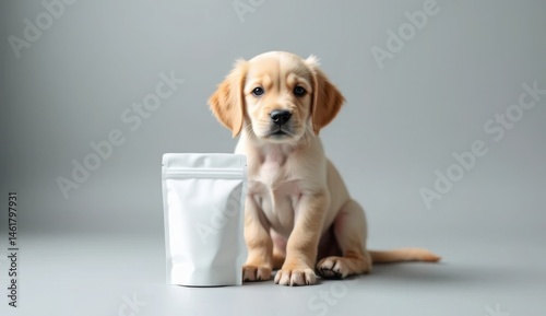 A cute golden Labrador puppy sits next to a blank, white pouch, looking directly at the viewer.