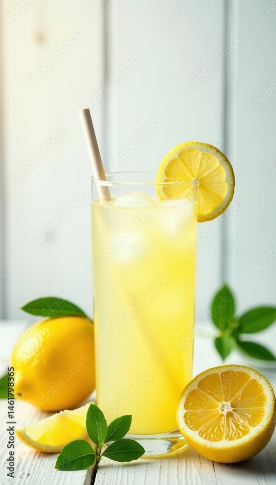 Fototapeta premium Refreshing lemonade, top view border, white wood backdrop, drink, ice, top