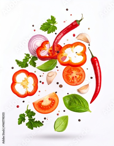 Fresh Colorful Vegetables and Herbs Floating in Air for Culinary Cooking Preparation