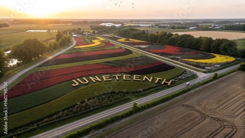 Aerial View of Juneteenth Tribute in Colorful Flower Fields at Sunset – High Resolution Image