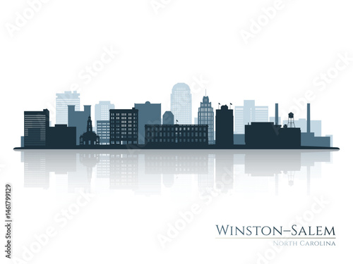 Winston–Salem skyline silhouette with reflection. Landscape Winston–Salem, North Carolina. Vector illustration.