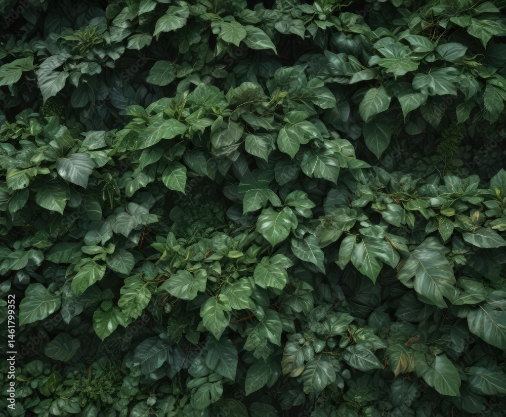 Obraz premium Dense, interwoven green leaves, showing varied shades and surface details , lush, texture
