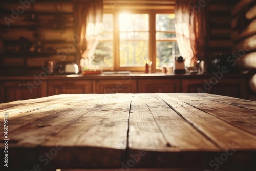 Wallpaper Mural Rustic Wooden Tabletop in Log Cabin Kitchen Interior with Sunlight Streaming Through Window Low Angle Torontodigital.ca