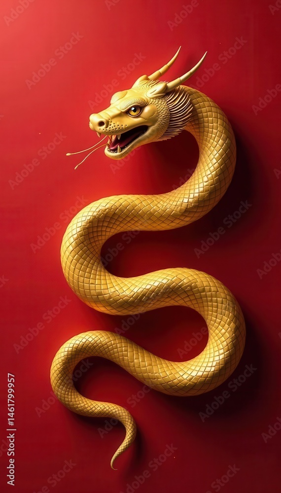 Fototapeta premium Symmetrical golden snake on crimson, Chinese zodiac theme , backdrop, stock photo