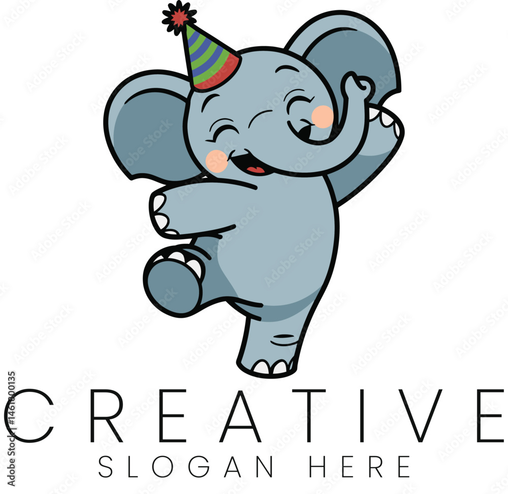 Obraz premium Happy Baby Elephant Cartoon Illustration Design Festive Party fun joy cute logo icon card kids cute 