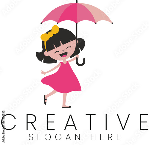 Happy Little Girl with Pink Umbrella Colorful Illustration Design art fun kid cute logo icon kids   