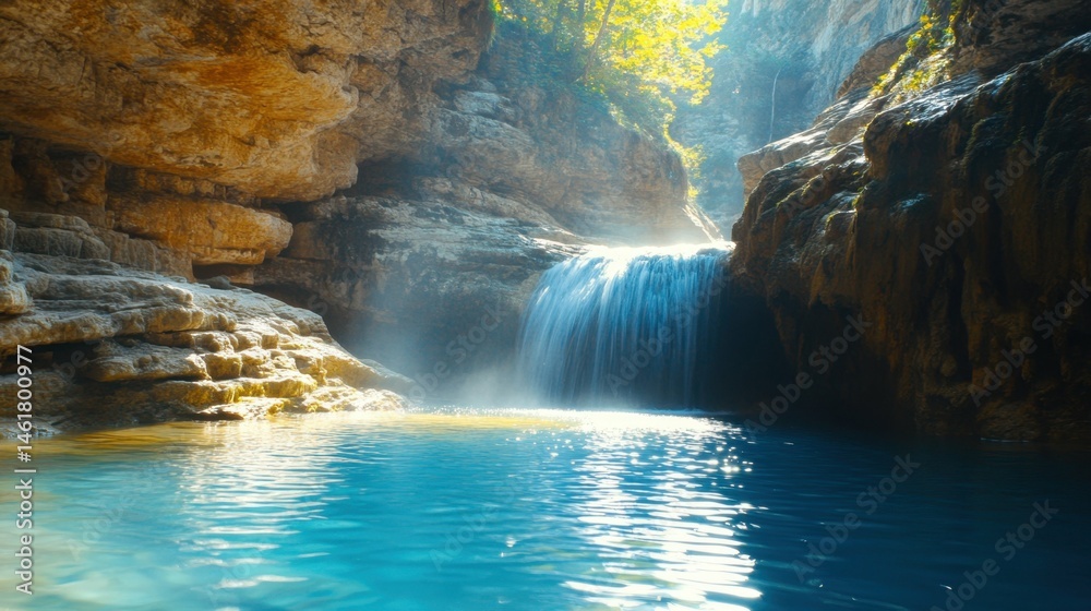 Naklejka premium Tranquil waterfall in sunlit mountain gorge with crystal blue pool