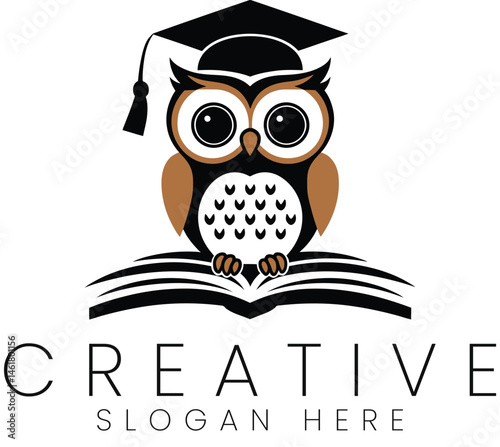 Wise Owl Graduate Mascot Logo Design Education Book cap icon bird cute gown smart study wisdom      