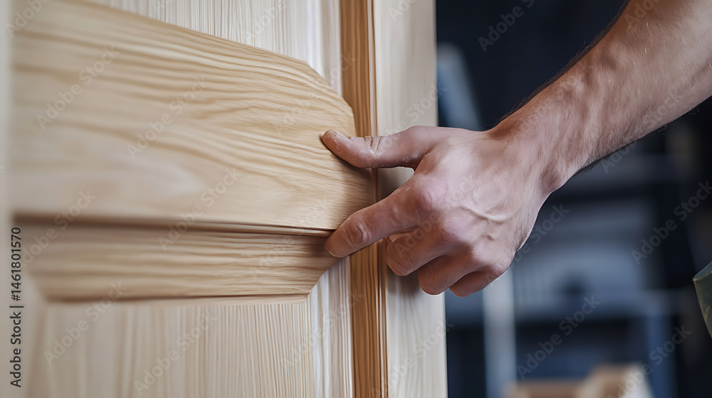 Obraz premium Carpenter Inspecting a Wooden Door Panel
