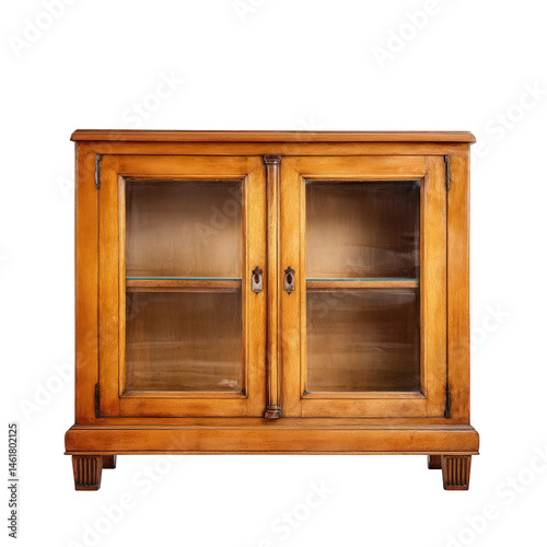 Antique wooden display cabinet with glass on transparent background