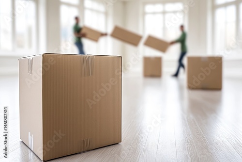 Empty room with men moving boxes  Focused cardboard box foreground, blurred movers in background