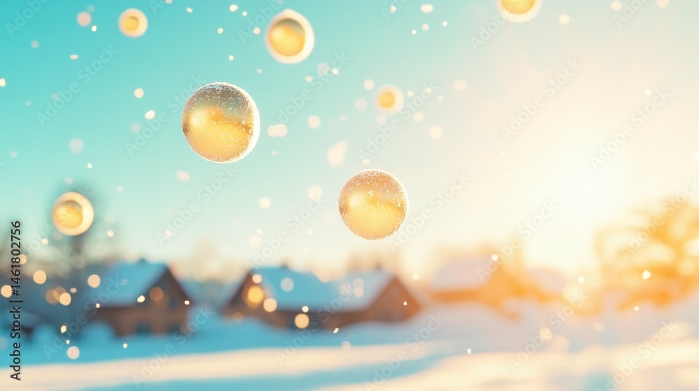 Fototapeta premium Golden bubbles floating in winter sunset over snow-covered village landscape