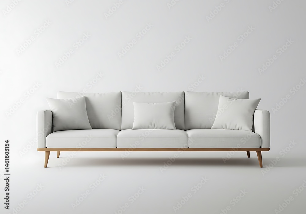 Fototapeta premium A white sofa with pillows and a wooden frame against a white background in a studio setting light room