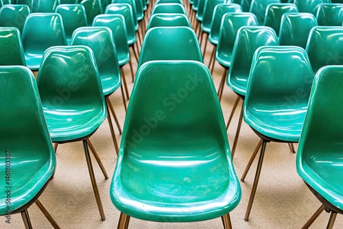 Rows of vibrant teal plastic chairs