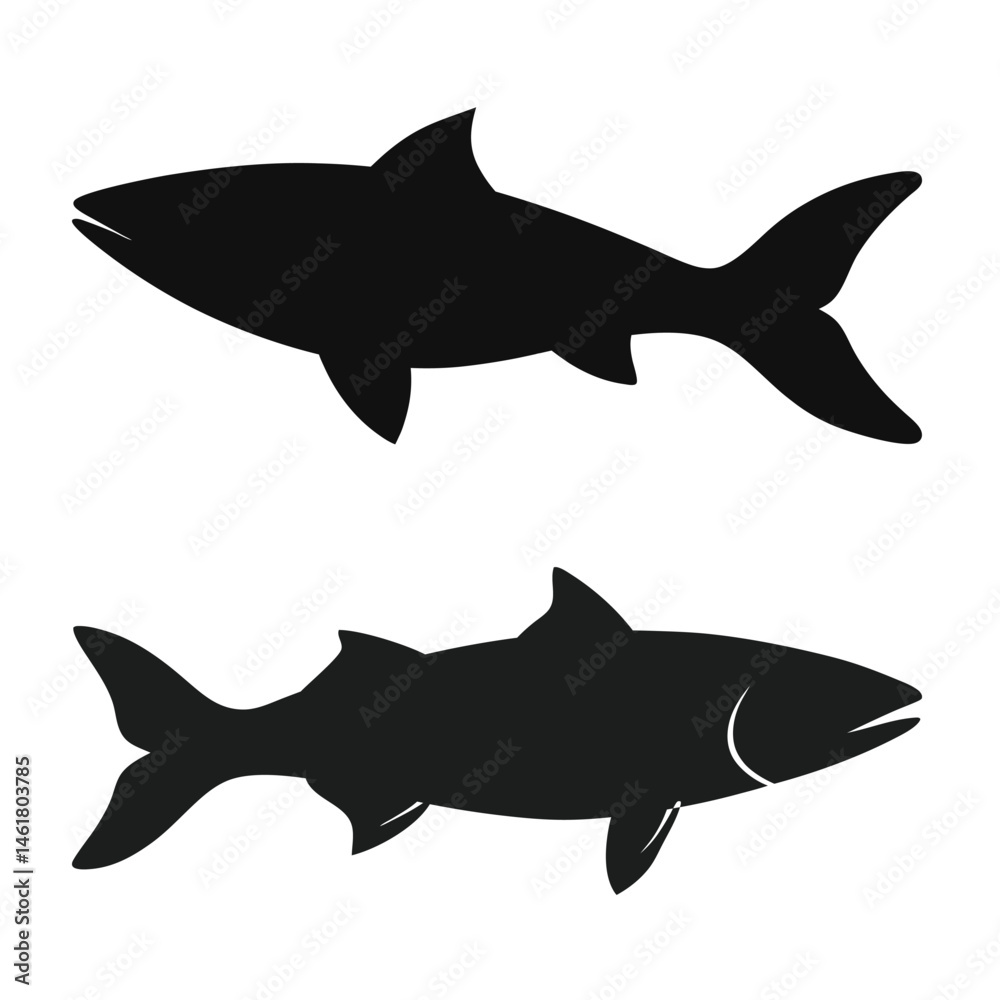 Fototapeta premium Salmon Fish Silhouette Vector Set – Two Black Isolated Fish on White Background