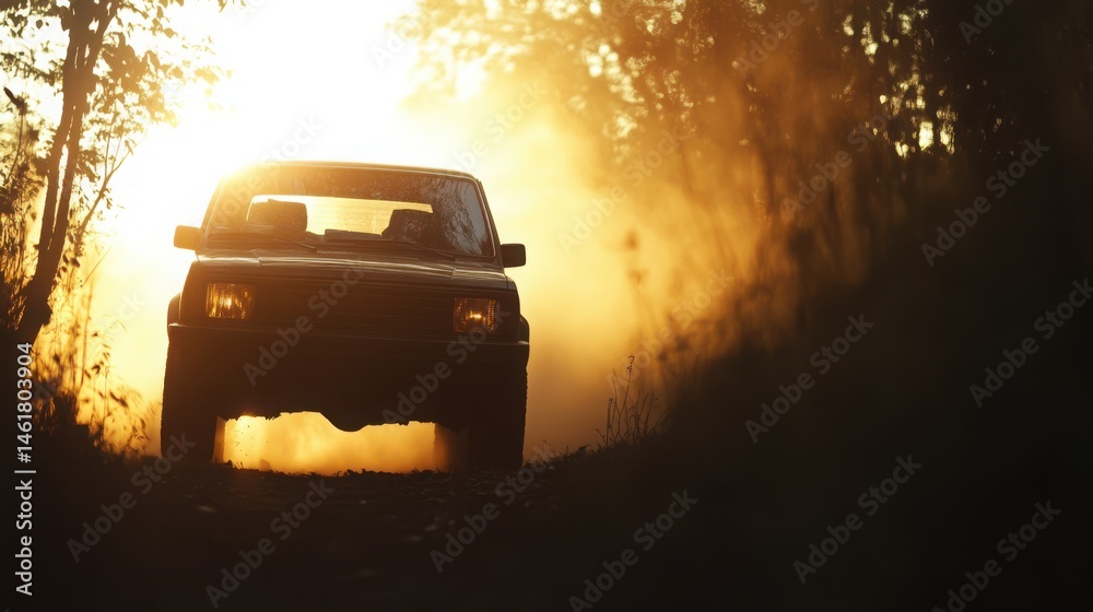 Obraz premium Atmospheric front view of a car in nature, cabin shadowed, soft fog surrounding tires, and warm, low sunset light reflecting off chrom