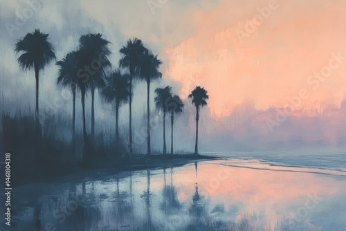 Silhouetted palms lining a deserted beach, washed in soft dusk colors