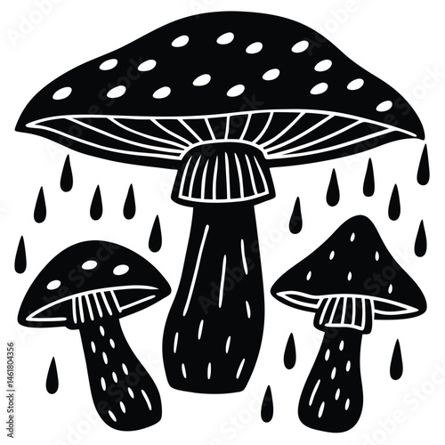 Mushroom vector Silhouette illustration Rain falling on mushroom caps