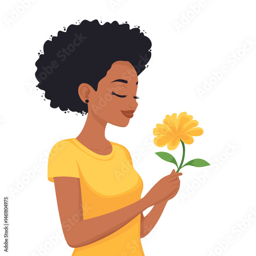 happy young woman smells a flower isolated vector illustration