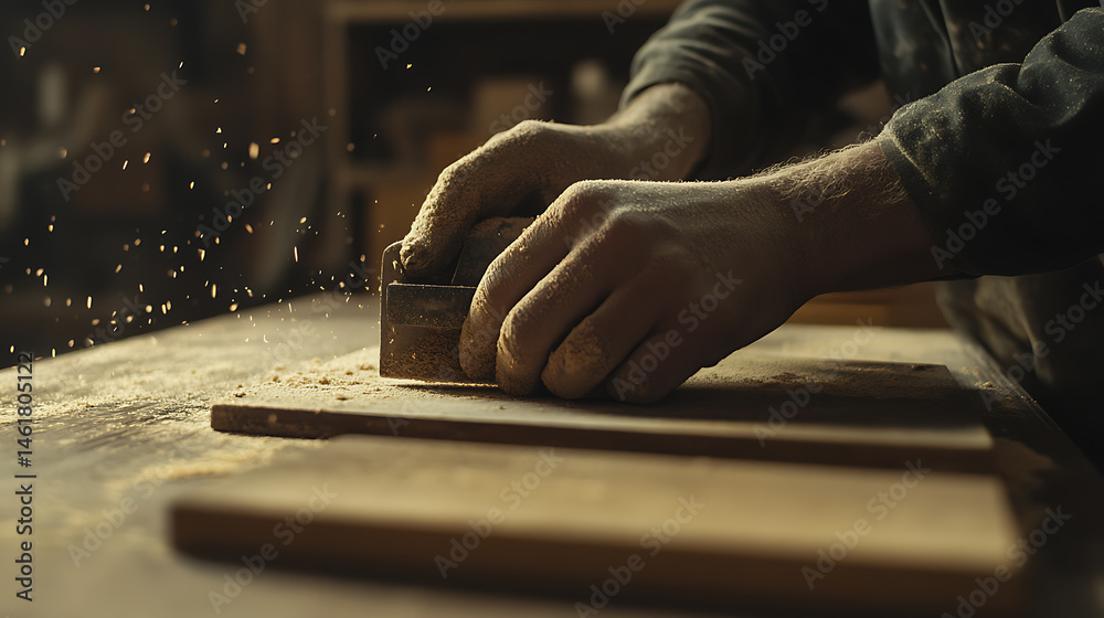 Carpenter Sanding Wood in Workshop Carpenter Sanding Wood in Workshop
