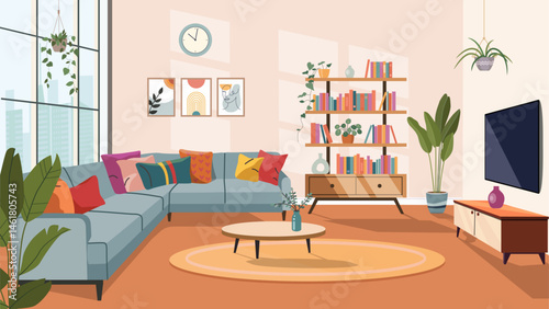 Living room interior. Vector flat  cartoon illustration