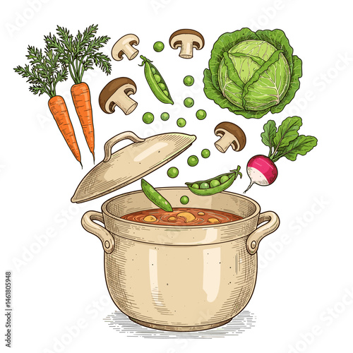 Cooking pot with fresh vegetable soup ingredients illustration