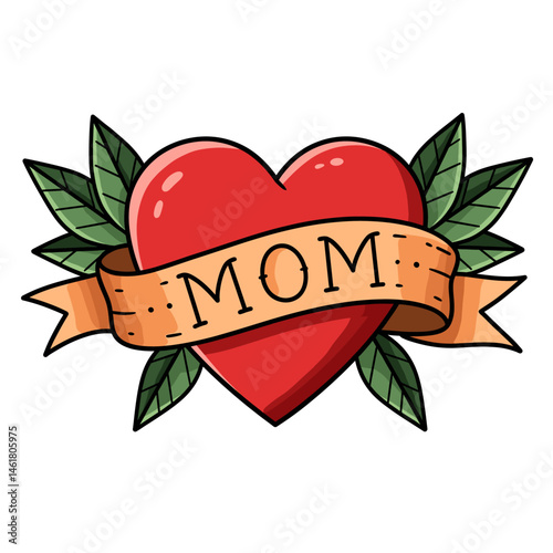 Classic red heart Mom tattoo design with banner and leaf